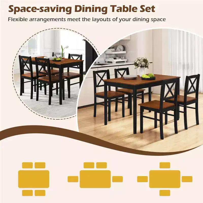 Costway 5 Piece Dining Table Set for 4 People with Rubber Wood Legs, Cross Backrest