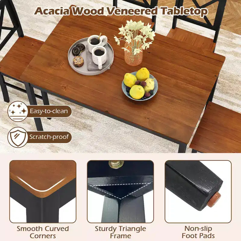 Costway 5 Piece Dining Table Set for 4 People with Rubber Wood Legs, Cross Backrest
