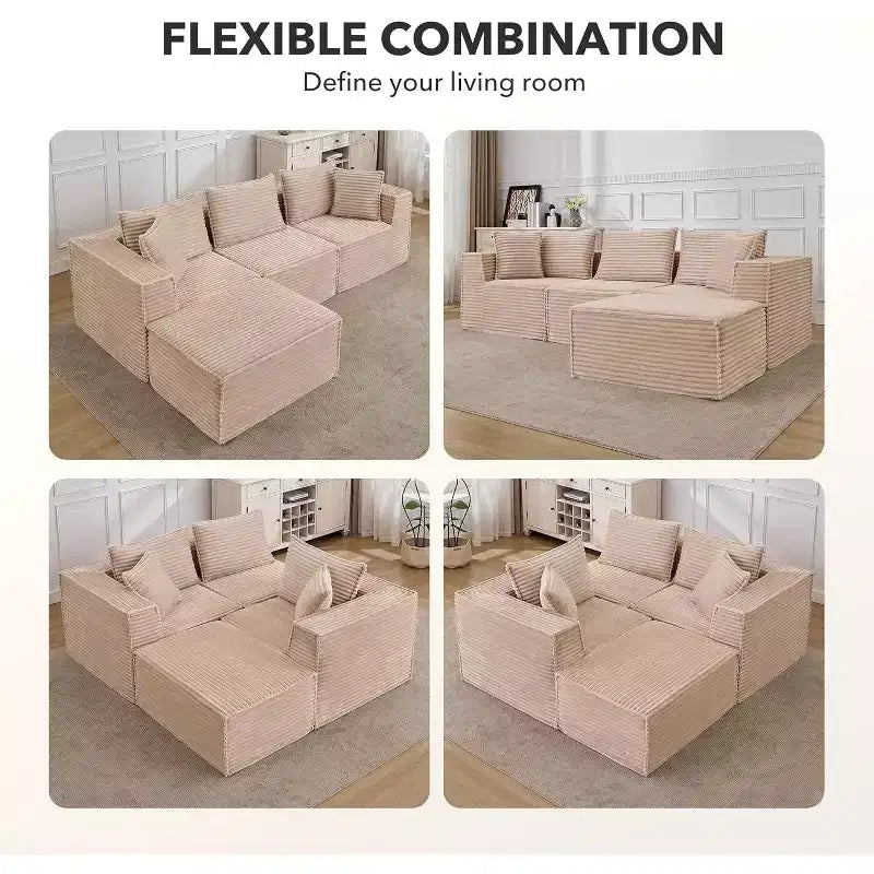 Canapé d'angle modulaire avec pouf, canapé en velours côtelé sans assemblage, canapé profond en U/L pour petits espaces, 4 couleurs et configurations