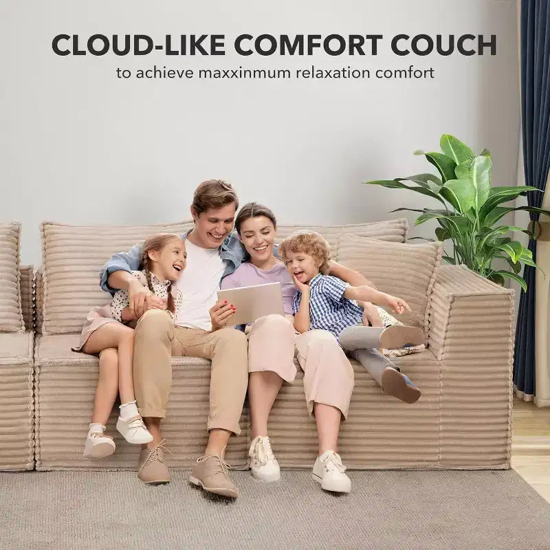Canapé d'angle modulaire avec pouf, canapé en velours côtelé sans assemblage, canapé profond en U/L pour petits espaces, 4 couleurs et configurations