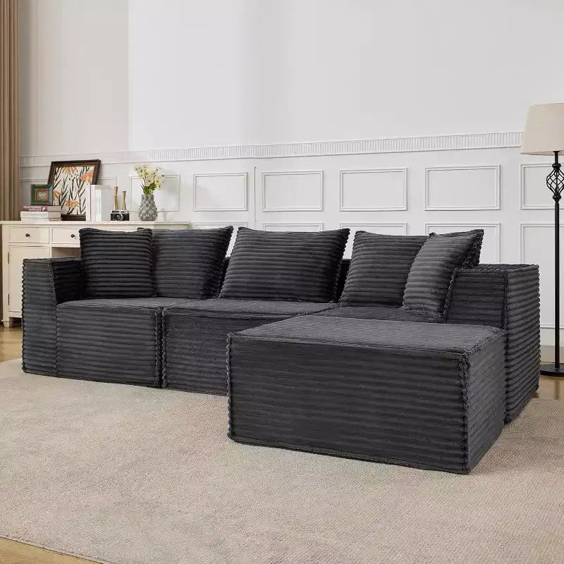 Canapé d'angle modulaire avec pouf, canapé en velours côtelé sans assemblage, canapé profond en U/L pour petits espaces, 4 couleurs et configurations