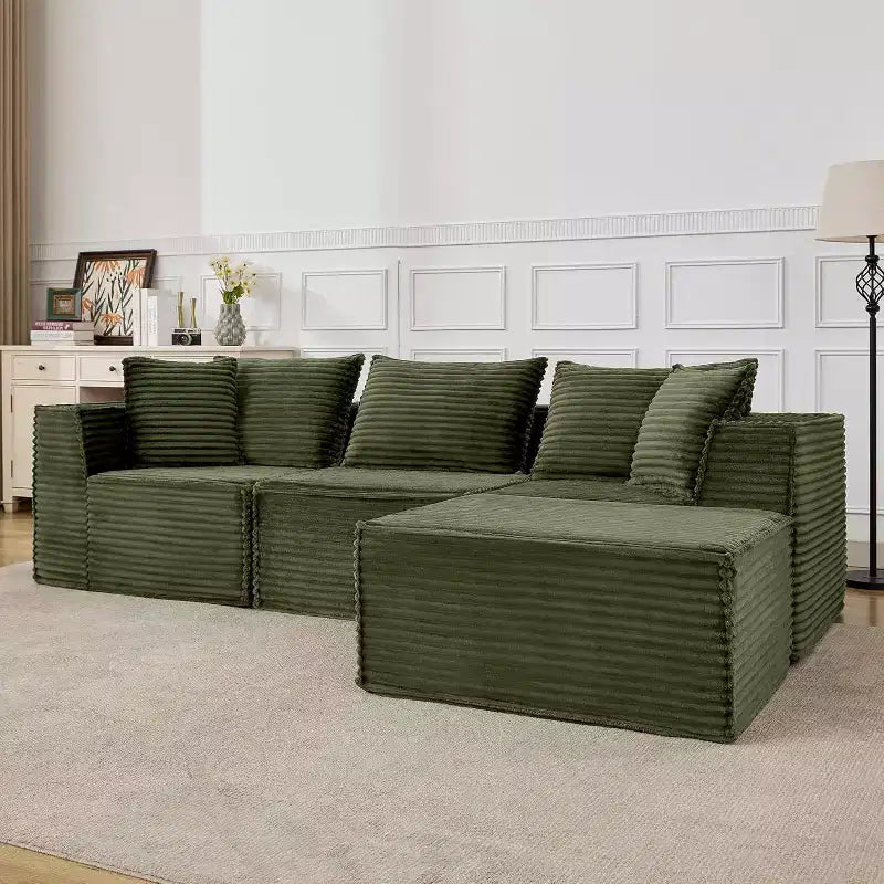 Canapé d'angle modulaire avec pouf, canapé en velours côtelé sans assemblage, canapé profond en U/L pour petits espaces, 4 couleurs et configurations