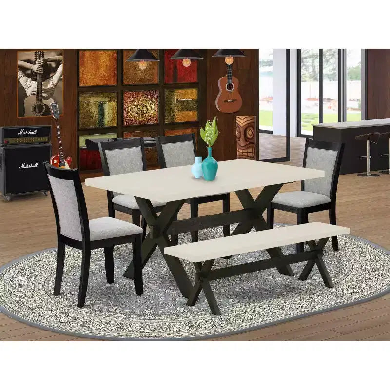 HomeStock 6-Piece Rectangle Natural Oak Finish Solid Wood Top Dining Table with 1-Bench, 4 Upholstered-Chairs
