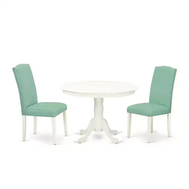 Round Dining Table Set 3pc - 42 Table & 2 Parsons Chairs - Modern PU Leather & Linen White Legs