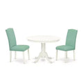 Round Dining Table Set 3pc - 42 Table & 2 Parsons Chairs - Modern PU Leather & Linen White Legs