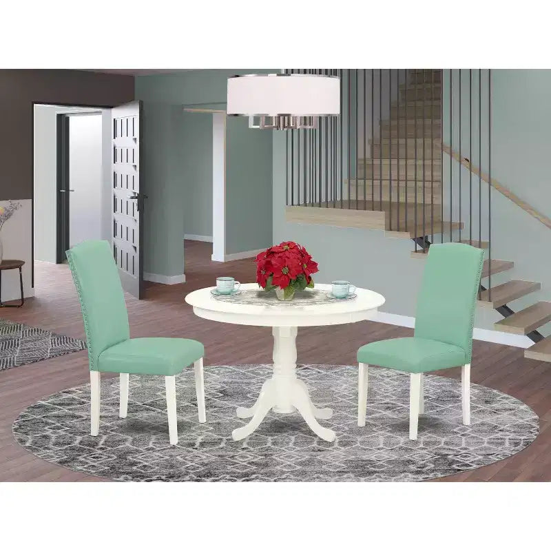Round Dining Table Set 3pc - 42 Table & 2 Parsons Chairs - Modern PU Leather & Linen White Legs