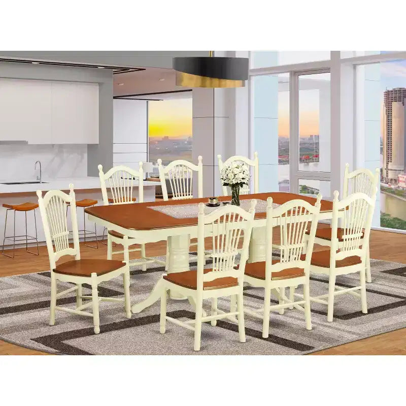 HomeStock 9-Piece Rectangle Buttermilk & Cherry Finish Solid Wood Top Dining Table with 8-Chairs