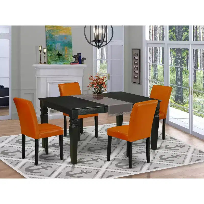 Coastal Cottage Kitchen Table Set - 5Pc Rectangle Table w/ Leaf & 4 Parsons Chairs - Black Legs