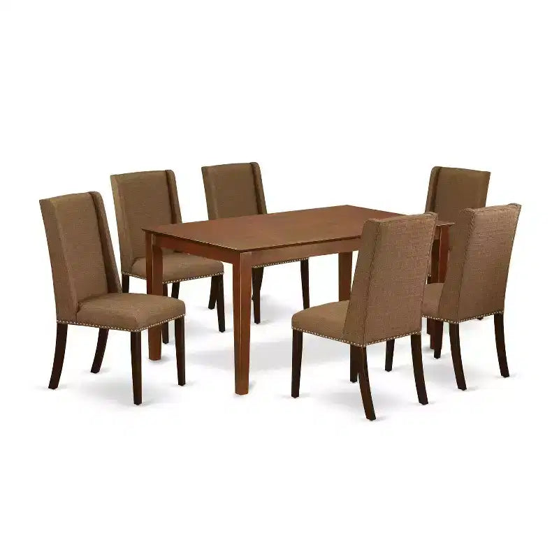 HomeStock 7-Piece Mahogany Finish Solid Wood Top Dining Table with 6-Parson Chairs