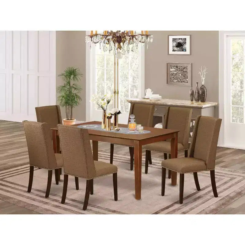 HomeStock 7-Piece Mahogany Finish Solid Wood Top Dining Table with 6-Parson Chairs