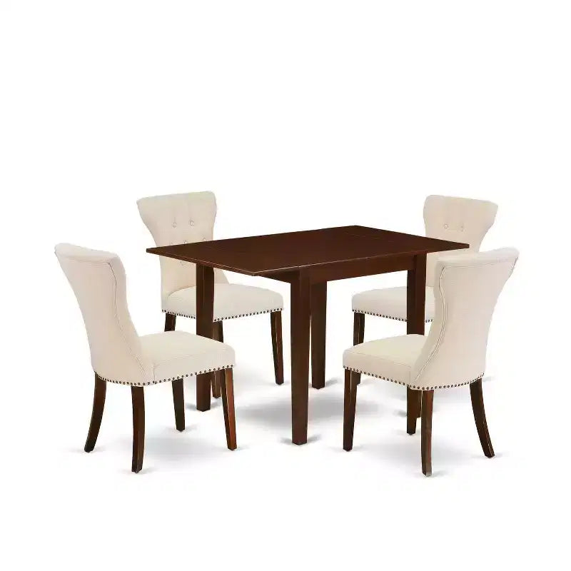 5-Piece Mahogany Finish Solid Wood Top - Rectangular Button Tufted Dining Room Set - Seats 4