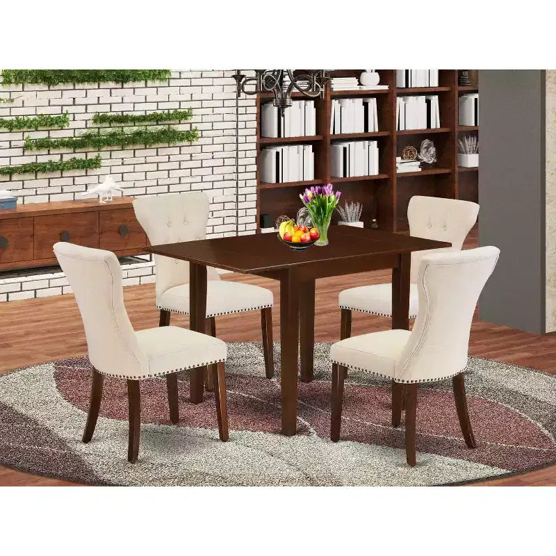 5-Piece Mahogany Finish Solid Wood Top - Rectangular Button Tufted Dining Room Set - Seats 4