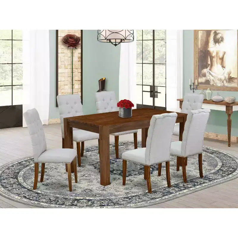 7-Piece Rectangle Natural Oak Finish Solid Wood Top Dining Table with 6 Parson Chairs with