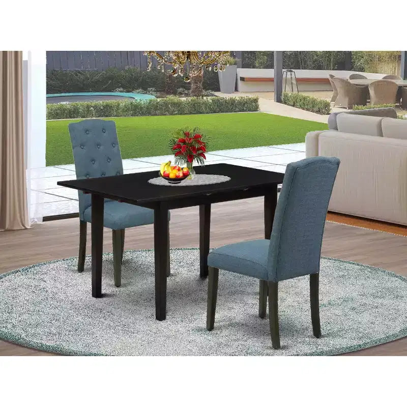 HomeStock 3-Piece Black Finish Rectangular Solid Wood Top With Butterfly Leaf Dining Table Set