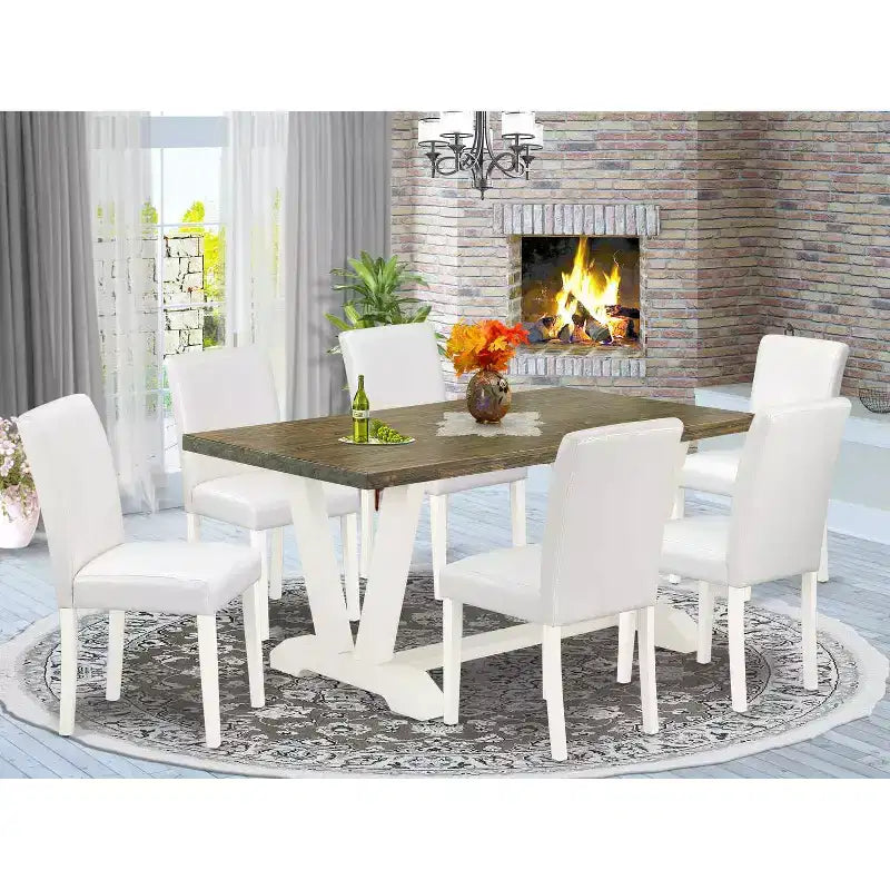 HomeStock 7-Pc Rectangle Natural Oak Finish Solid Wood Top Dining Table with 6 Chairs