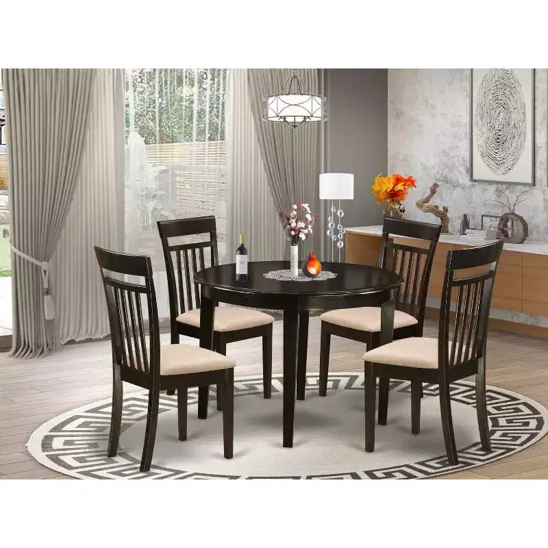 5-Piece Round Cappuccino Finish Solid Wood Top Dining Table with 4-Chairs with