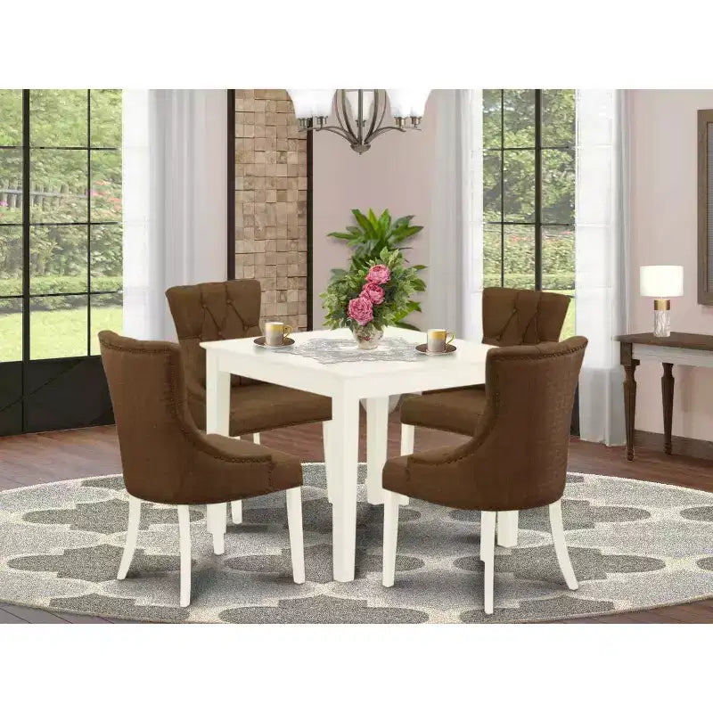HomeStock 5-Pc Linen White Finish Solid Wood Top - Square Dining Room Set - Seats 4