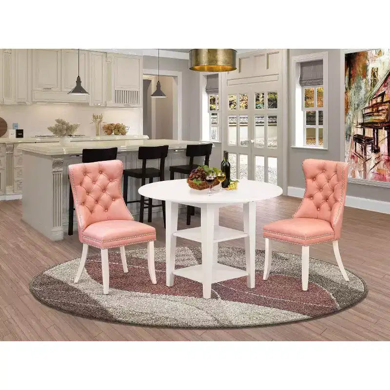 HomeStock 3-Pc Linen White Finish Round Solid Wood Top with Dropleaf Dining Table Set