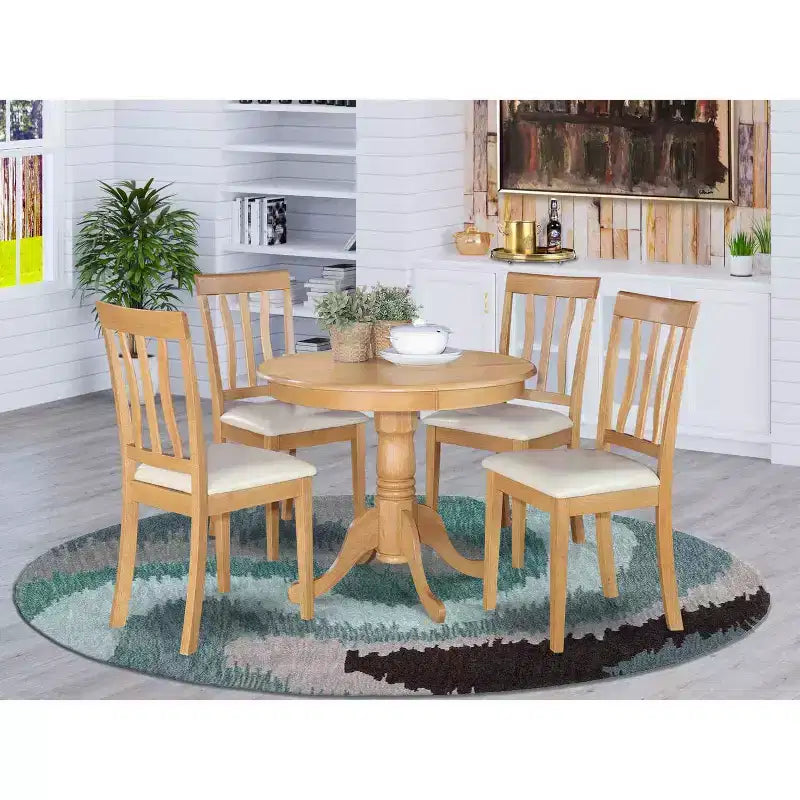5-Piece Round Natural Oak Finish Solid Wood Top Dining table with 4 Chairs with