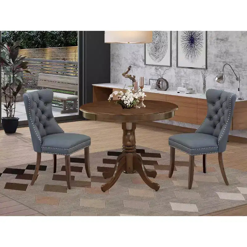 HomeStock 3-Piece Antique Walnut Finish Solid Wood Top - Round Upholstered Dining Room Set - Seats 4