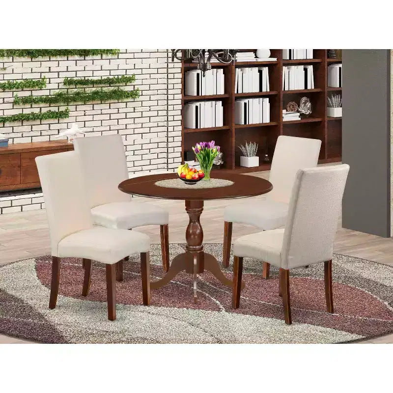 5-Piece Mahogany Finish Solid Wood Top Dining table with 4 Chairs with Drop Leaf