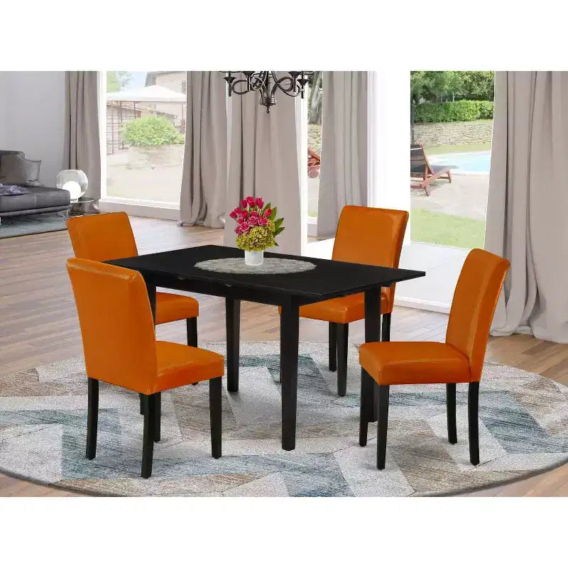 HomeStock 5-Pc Black Finish Solid Wood Top-Rectangular Upholstered Dining Room Set with Butterfly Leaf-Seats 4