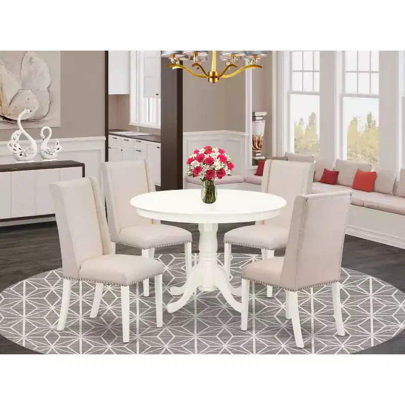HomeStock 5-Piece Linen White Finish Solid Wood Top Dining Table with 4 Parson Chair