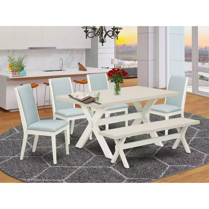 HomeStock 6-Piece Rectangle Natural Oak Finish Solid Wood Top Dining Table with 1-Bench, 4-Chairs