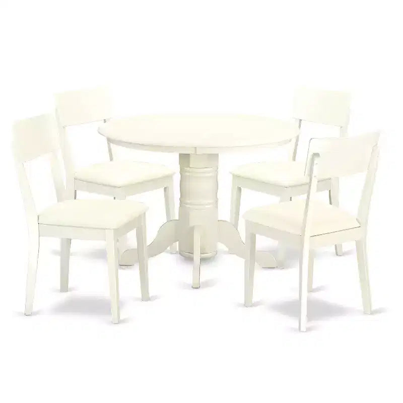 HomeStock 5-Piece Round Linen White Finish Solid Wood Top Dining Table with 4 Chairs