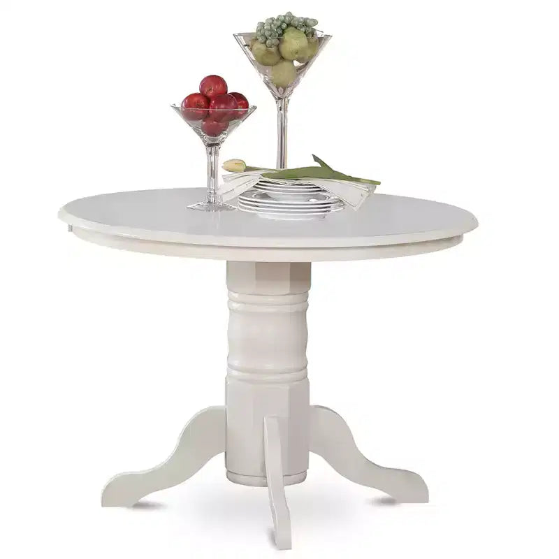 HomeStock 5-Piece Round Linen White Finish Solid Wood Top Dining Table with 4 Chairs