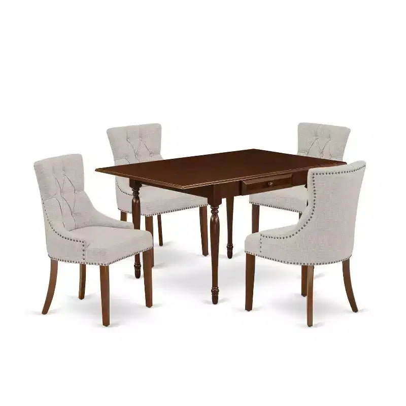 HomeStock 5-Pc Mahogany Finish Solid Wood Top - Rectangular Dining Room Set with Dropleaf - Seats 4