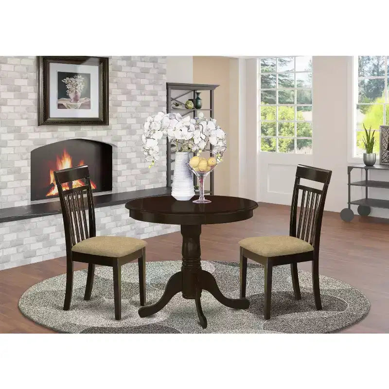 Kitchen Dining Table Set - Wooden Chairs - Cappuccino Finish Table - Linen Seat - Small Round Table