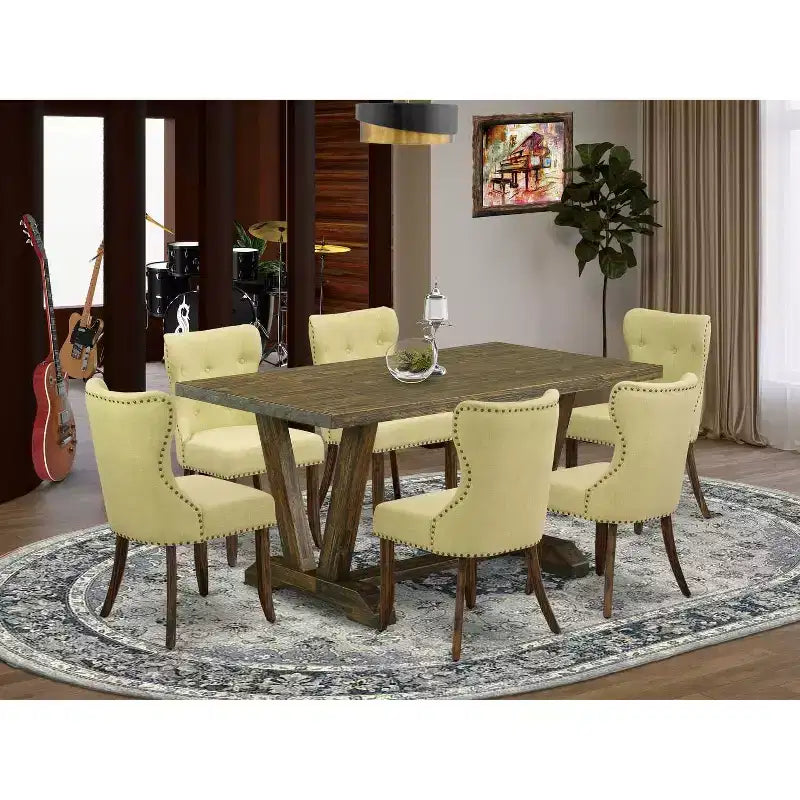 HomeStock 7-Piece Rectangle Distressed Jacobean Finish Solid Wood Top Dining Table with 6 Parson-Chairs