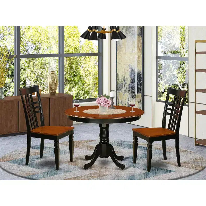 HomeStock 3-Piece Round Black and Cherry Finish Solid Wood Top Dining Table with 2 Chairs