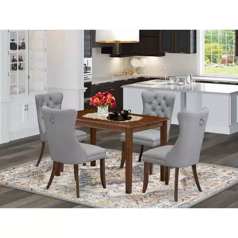 5-Piece Antique Walnut Finish Solid Wood Top - Rectangular Dining Room Set - Seats 4