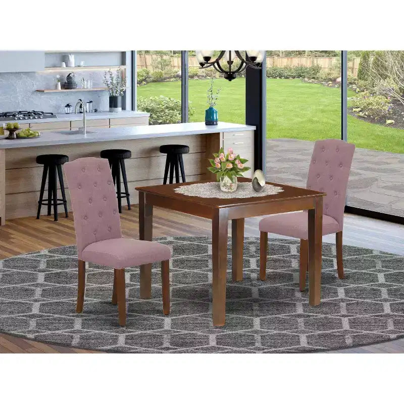 3Pc Dinette Set - Square Kitchen Table & 2 Parsons Chairs - Mahogany Finish