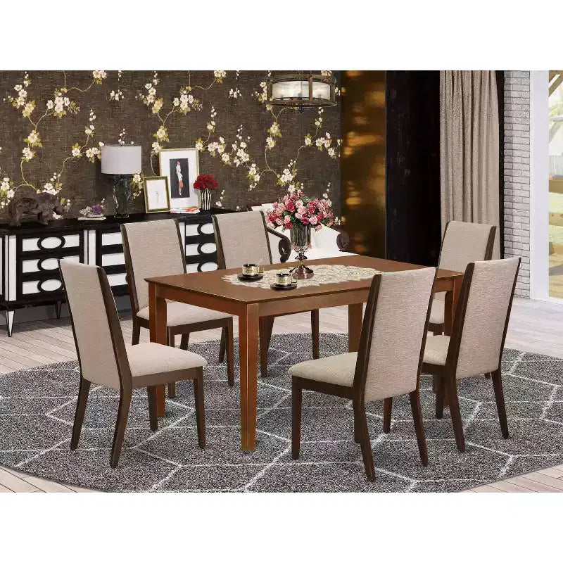 HomeStock 7-Piece Rectangle Mahogany Finish Solid Wood Top Dining Table with 6 Parson Chairs