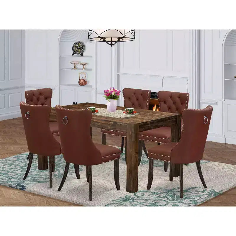 HomeStock 7-Piece Rectangle Natural Oak Finish Solid Wood Top Dining Table with 6 Parson Chairs