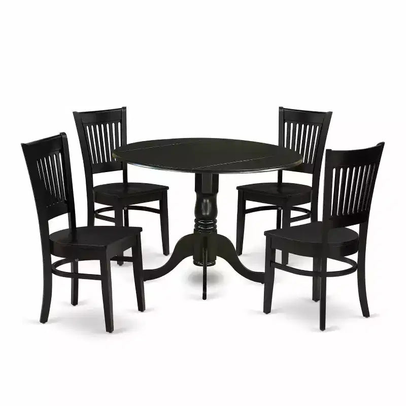 HomeStock 5-Piece Black Finish Solid Wood Top Dining table with 4 Chairs with Drop Leaf Slat Back