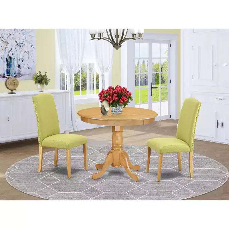 Round Dining Table Set - 36 Inch Table & 2 Chairs - Linen Fabric - Solid Wood Base