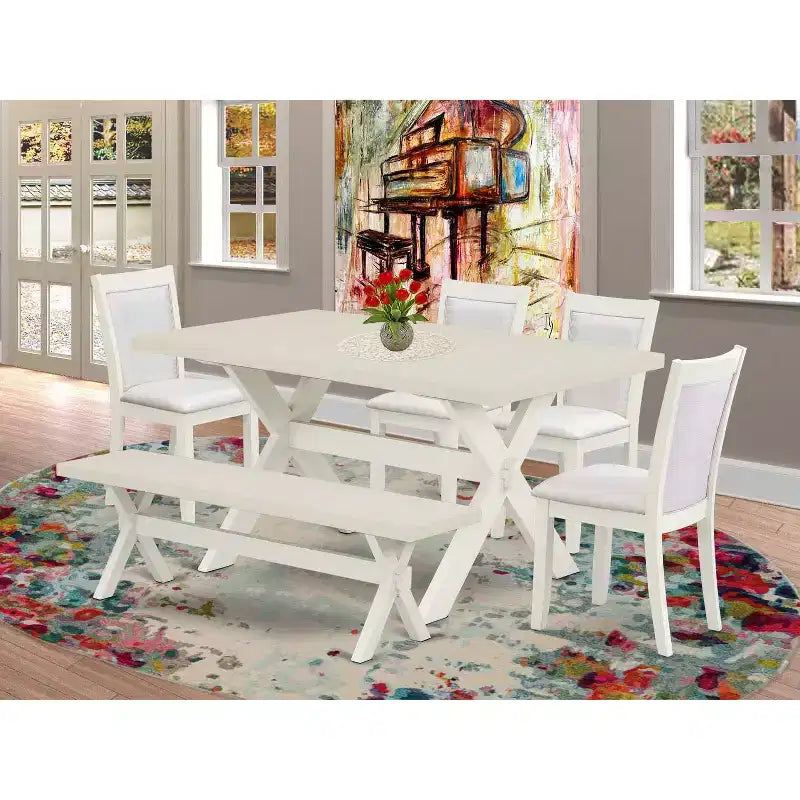 HomeStock 6-Piece Rectangle Wire Brushed Linen White Finish Solid Wood Top Dining Table with 1-Bench, 4-Chairs