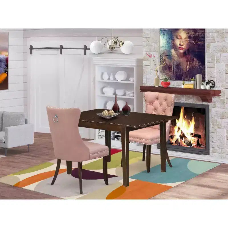 HomeStock 3-Pc Mahogany Finish Rectangular Solid Wood Top with Butterfly Leaf Dining Table Set