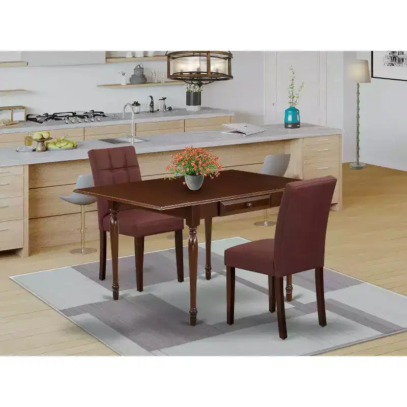 HomeStock 3-Pc Mahogany Finish Rectangular Solid Wood Top with Dropleaf Dining Table Set