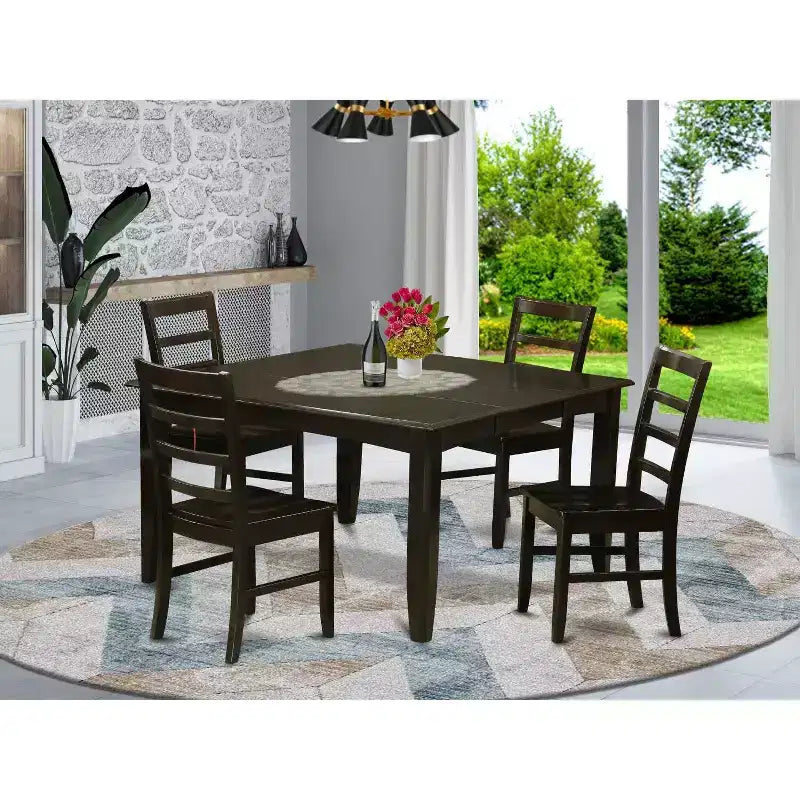 HomeStock 5-Piece Square Cappuccino Finish Solid Wood Top Dining Table with 4 Chairs
