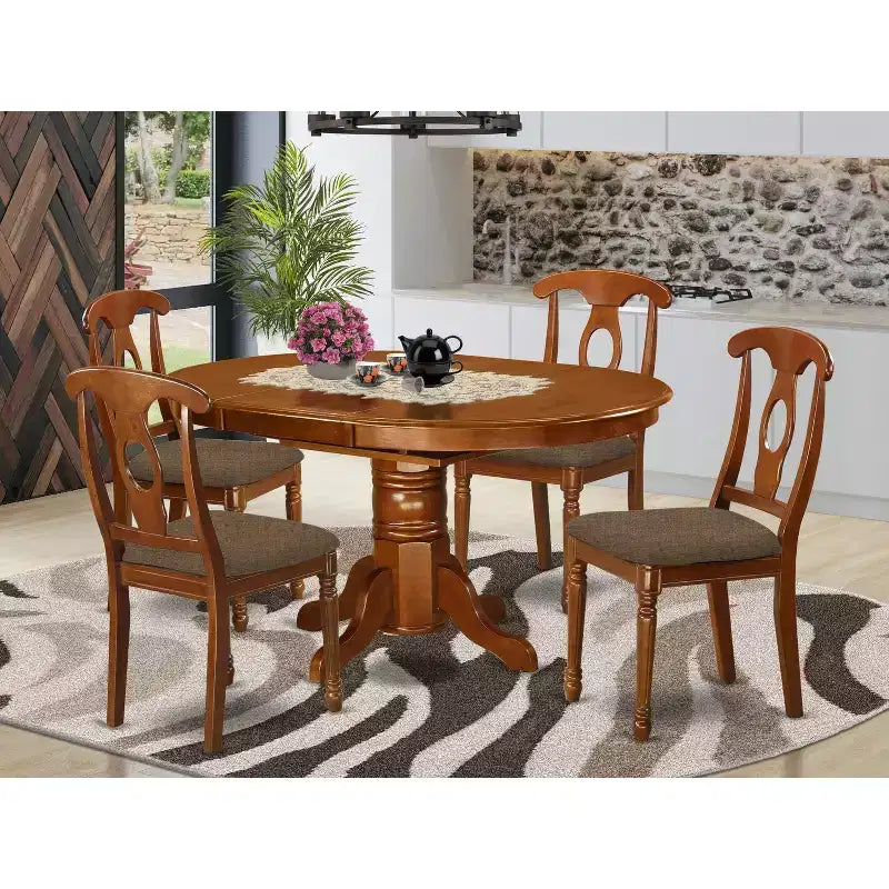 5 Piece Dining Set - Oval Table with Butterfly Leaf & 4 Kitchen Chairs - Saddle Brown Finish