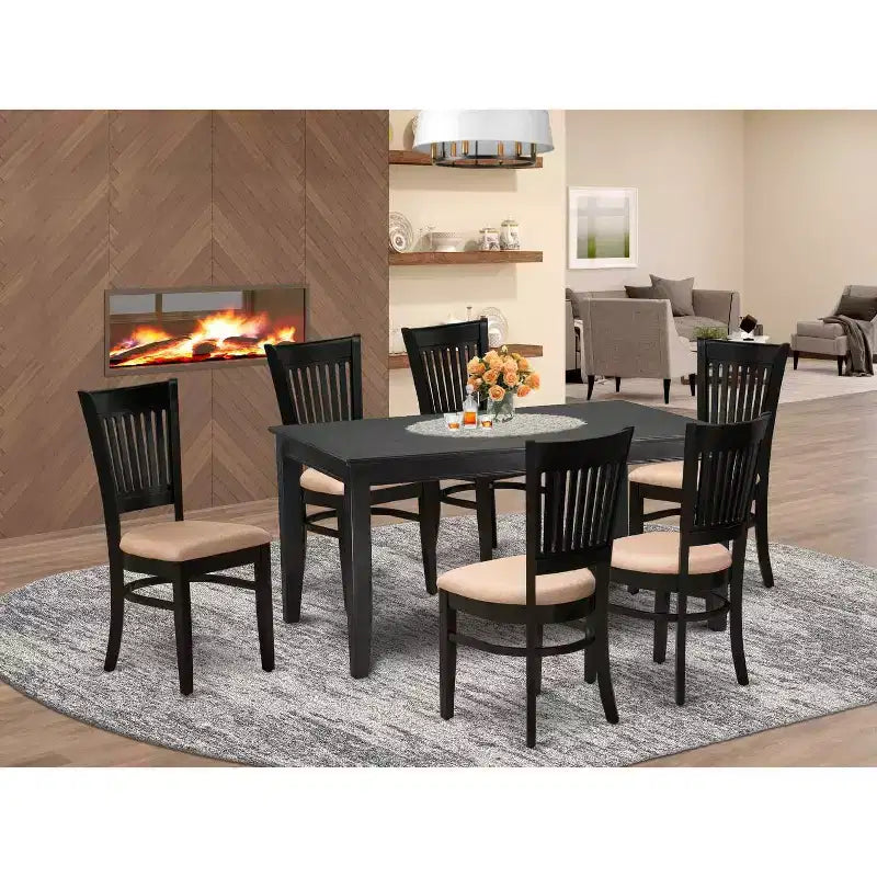 HomeStock 7-Pc Rectangle Black Finish Solid Wood Top Dining Table with 6 Chairs with Slat Back