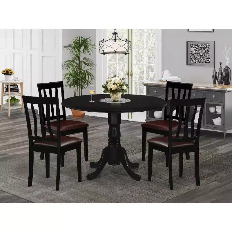 HomeStock 5-Piece Round Black Finish Solid Wood Top Dining table with 4 Chairs