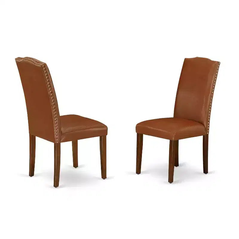 Round Dinette Set 5Pc - 42 Inch Table & 4 Parsons Chairs - Brown Faux Leather - Medieval Style