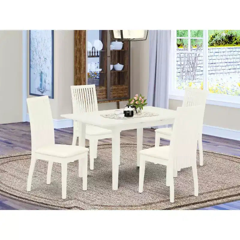 5-Piece Linen White Finish Solid Wood Top - Rectangular Dining Room Set - Seats 4