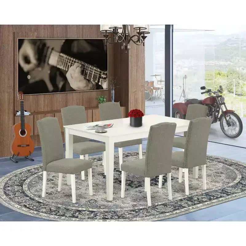 HomeStock 7-Piece Rectangle Linen White Finish Solid Wood Top Dining Table with 6 Parson-Chairs